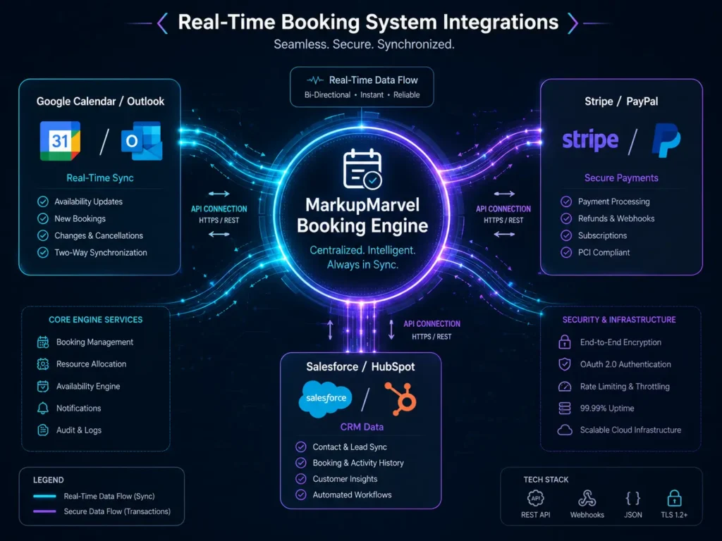 Custom booking system architecture showing real-time synchronization with calendars, payment gateways, CRMs, and customer notifications.