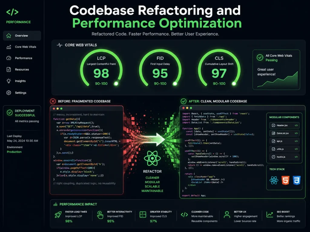 Dashboard showing Core Web Vitals scores improving from failing red metrics to passing green metrics after website revamping services codebase refactoring