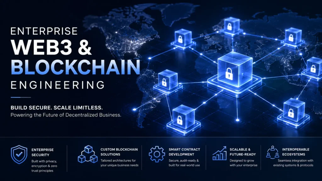 Decentralized network nodes representing custom blockchain development services for enterprises.
