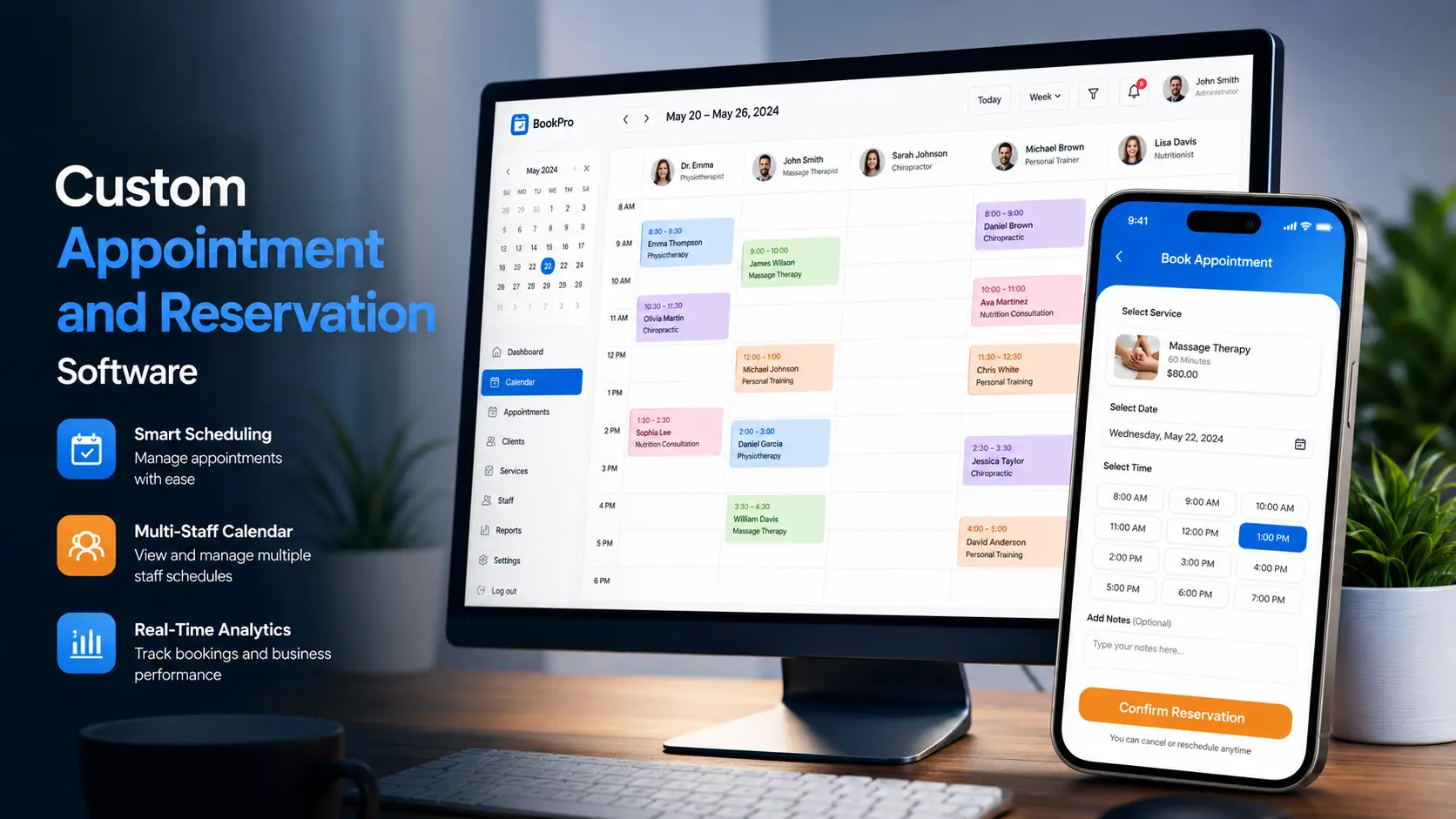 booking reservation systems showing multi-staff calendar dashboard with real-time availability and mobile booking screen.