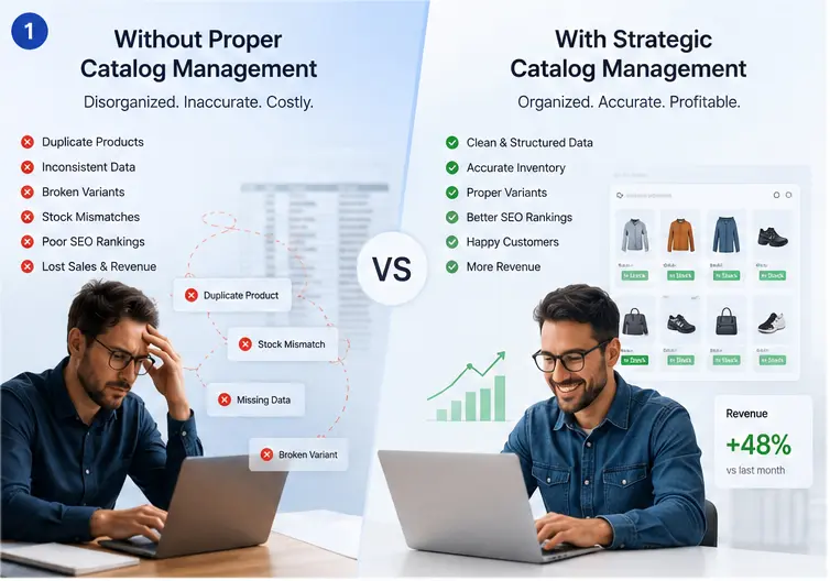  e-commerce catalog management dashboard showing product taxonomy structure SKU variant mapping and bulk upload status for WooCommerce store 
