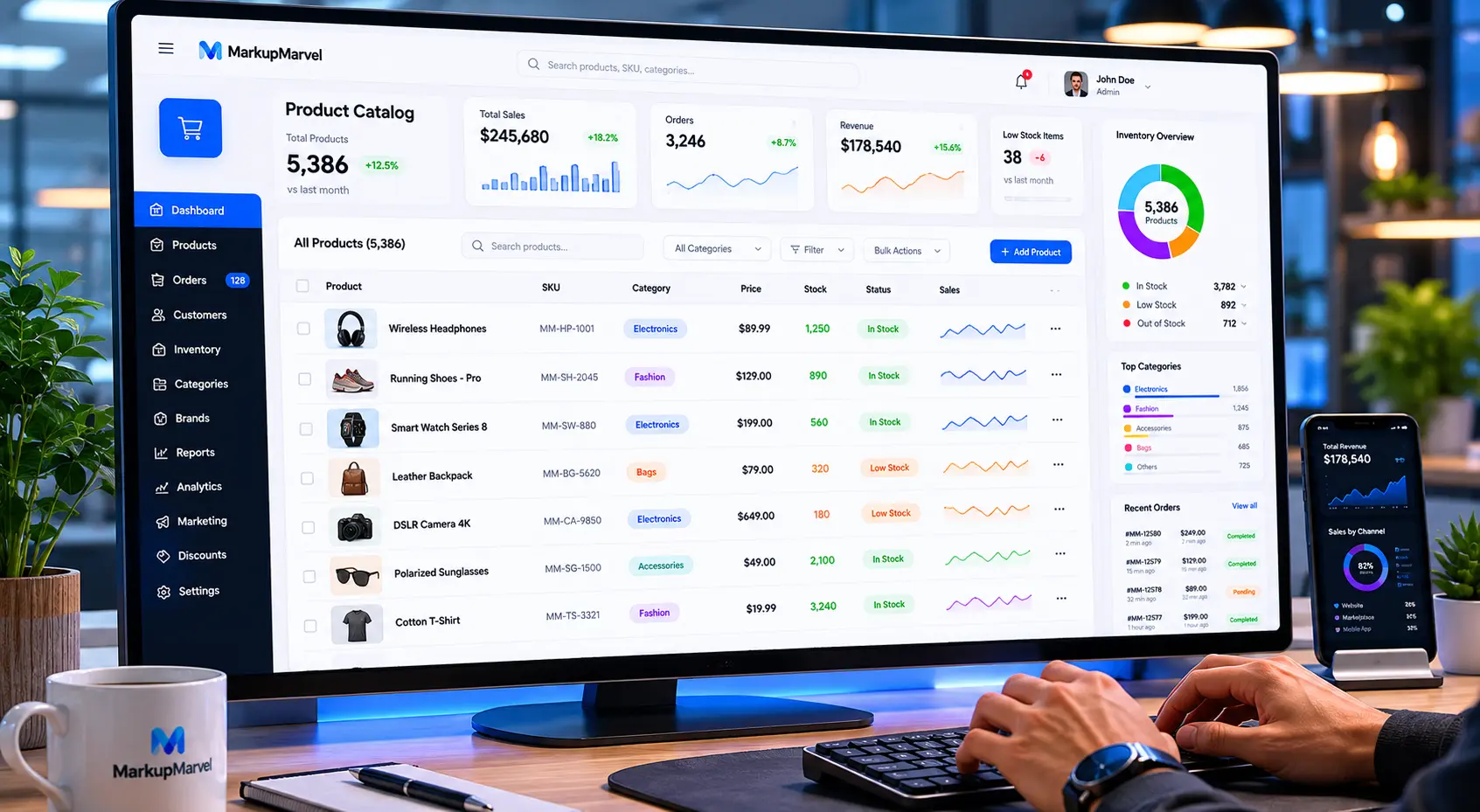 e-commerce catalog management dashboard showing bulk product uploads SKU structuring and multi-channel inventory syncing for high-volume Shopify store