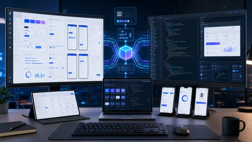Professional Figma to code workflow showing seamless transformation of UI designs into scalable, pixel-perfect, production-ready web applications using modern development frameworks