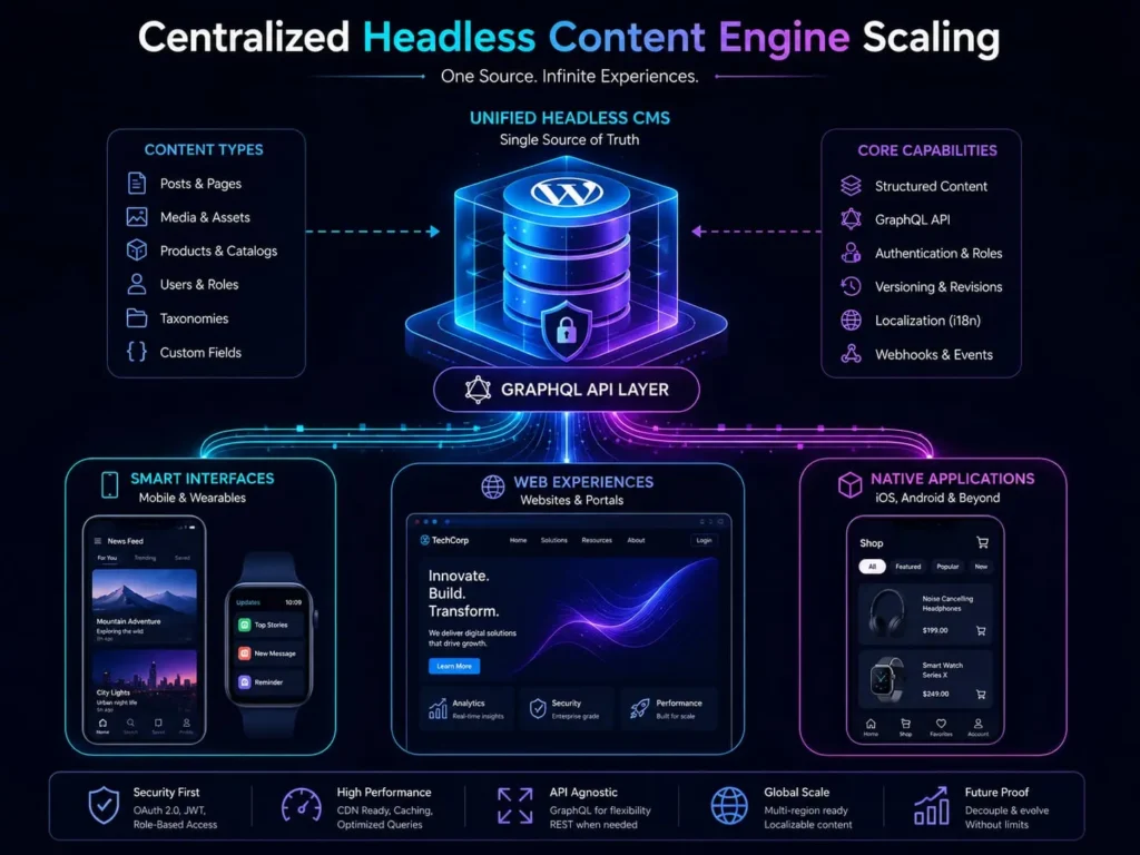 Headless WordPress with Next.js and WPGraphQL architecture showcasing modern enterprise web development and scalable digital experiences.
