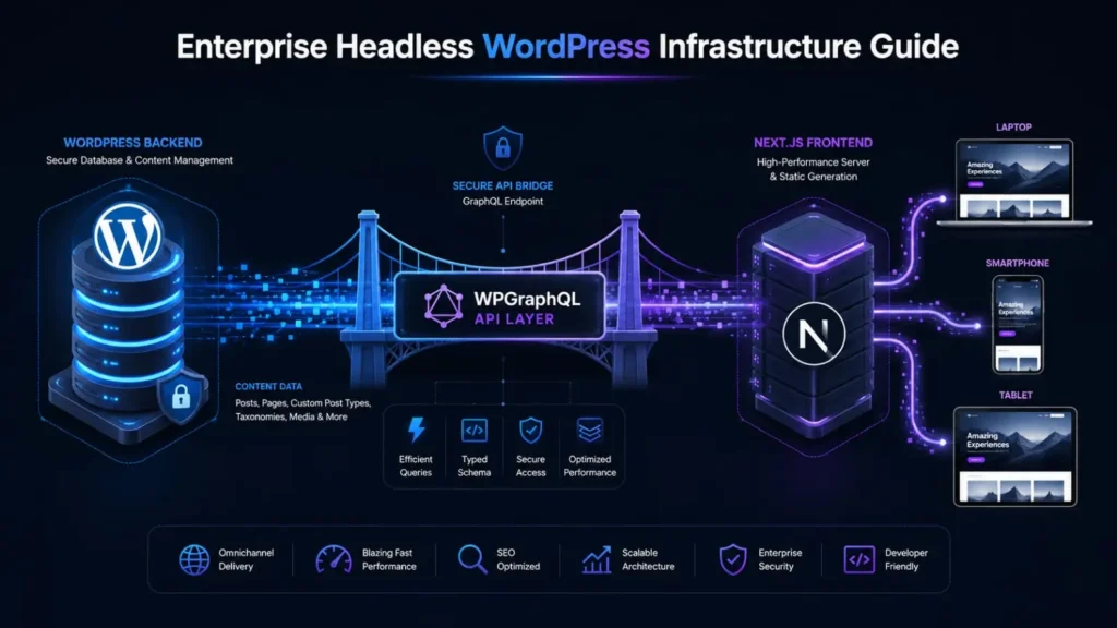 Clean technical architectural diagram showing a WordPress backend connected via WPGraphQL API bridge to a Next.js frontend server delivering data to diverse devices.