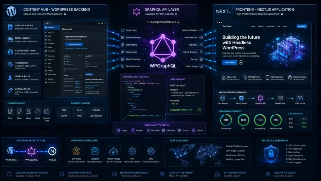 Headless WordPress architecture connecting WordPress CMS to Next.js frontend through WPGraphQL API, showcasing modern enterprise web development and scalable digital experiences.