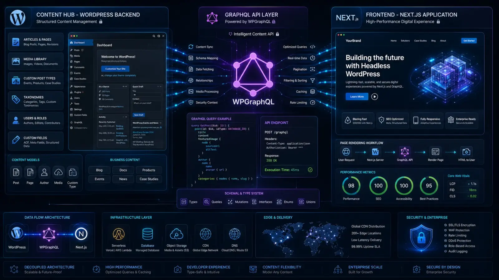 Headless WordPress architecture connecting WordPress CMS to Next.js frontend through WPGraphQL API, showcasing modern enterprise web development and scalable digital experiences.