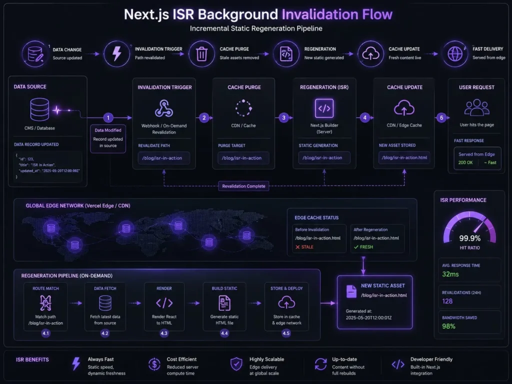 Next.js SSG vs SSR ISR pipeline showing data modification clearing cached assets dynamically.