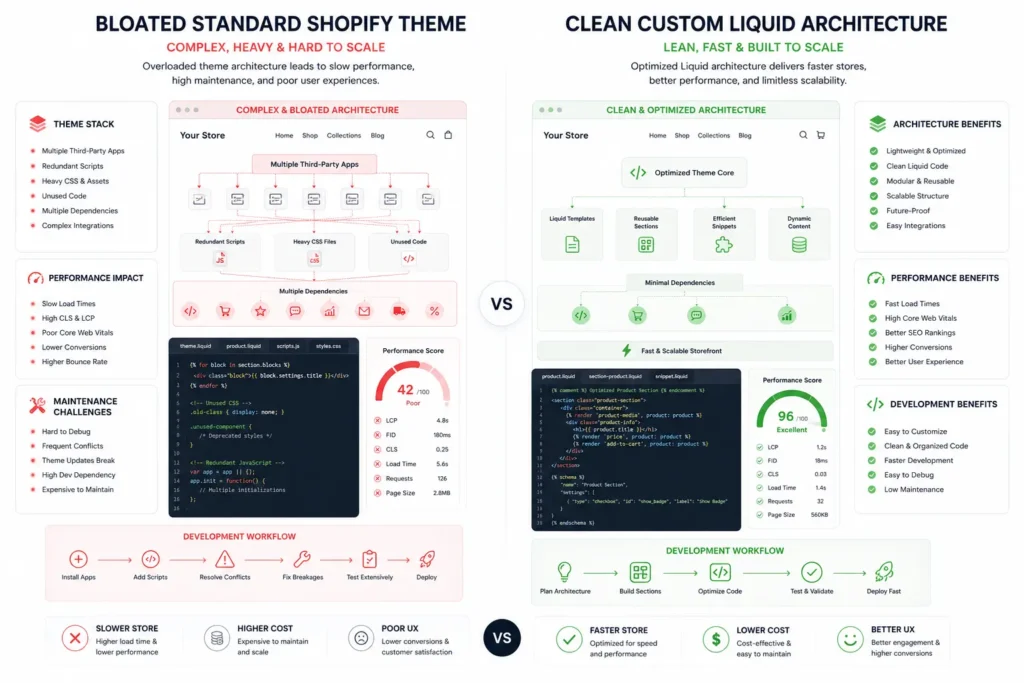 Technical infographic contrasting a bloated standard Shopify theme stack with a streamlined custom Liquid architecture built for performance and scale.