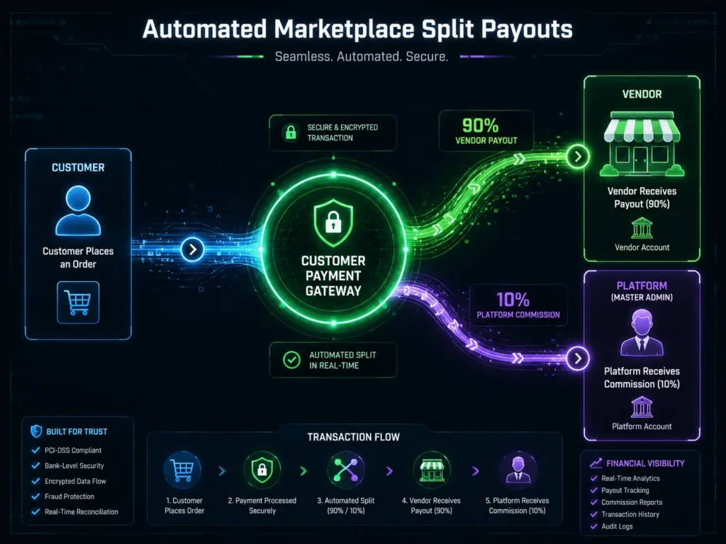 Diagram illustrating a customer payment being automatically split between a vendor and the marketplace platform.