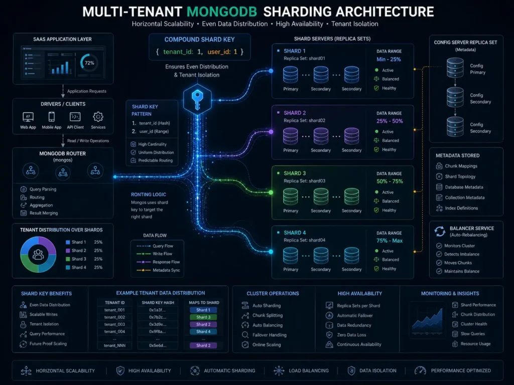 MongoDB multi-tenancy compound indexing and Atlas sharding strategy diagram for scalable SaaS performance optimization.