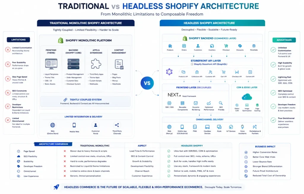 Infographic comparing monolithic Shopify themes versus decoupled headless Shopify architecture with Next.js.