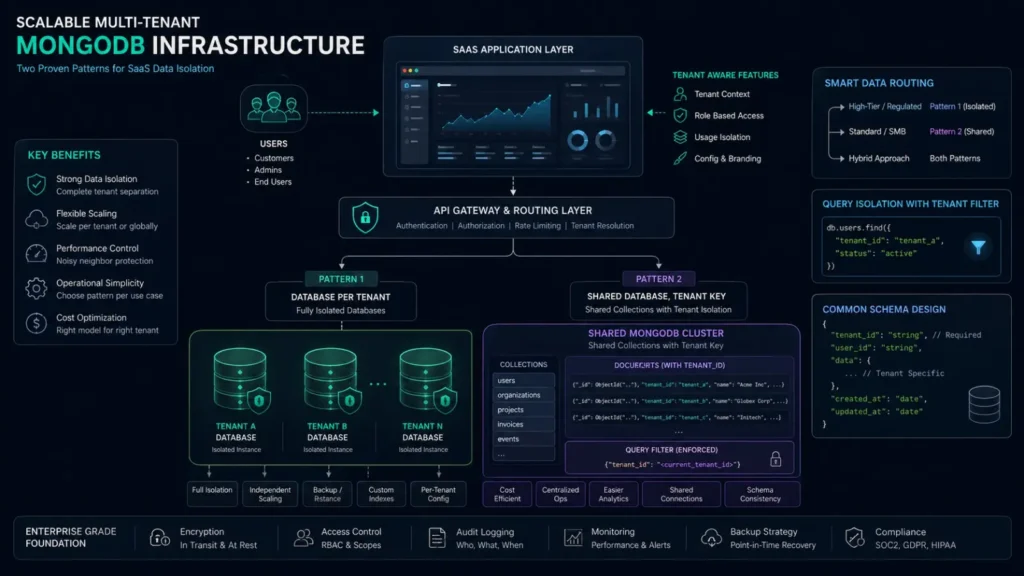 Side-by-side comparison diagram of MongoDB multi-tenancy isolation models — Silo, Pool, and Bridge — showing data separation, cost, and scalability trade-offs.