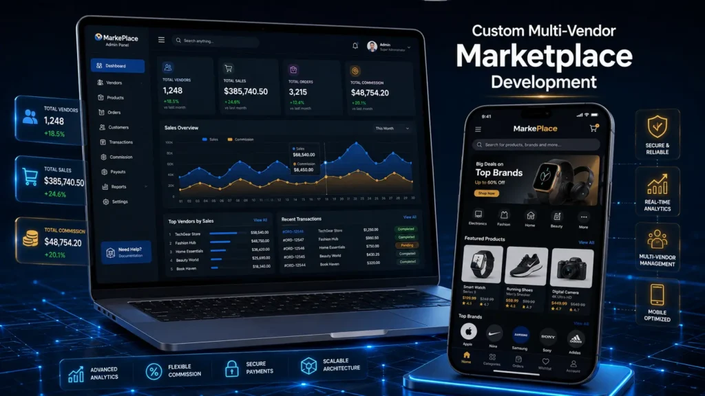 Split-screen interface showing an advanced marketplace admin panel alongside a sleek consumer-facing storefront.