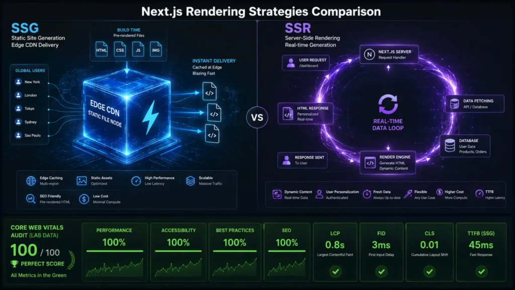 Next.js SSG vs SSR rendering strategies comparison for SEO and performance optimization.