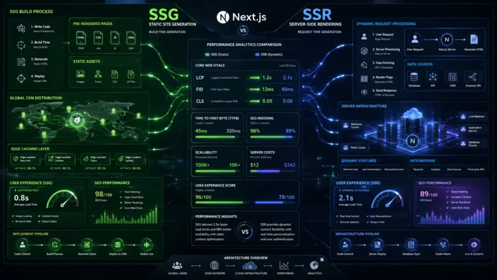 Comparison of Next.js Static Site Generation (SSG) and Server-Side Rendering (SSR) architectures showing SEO performance, page speed, caching, and content delivery workflows.