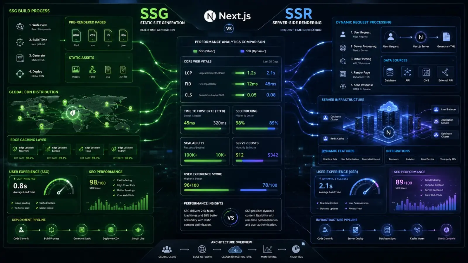 Comparison of Next.js Static Site Generation (SSG) and Server-Side Rendering (SSR) architectures showing SEO performance, page speed, caching, and content delivery workflows.