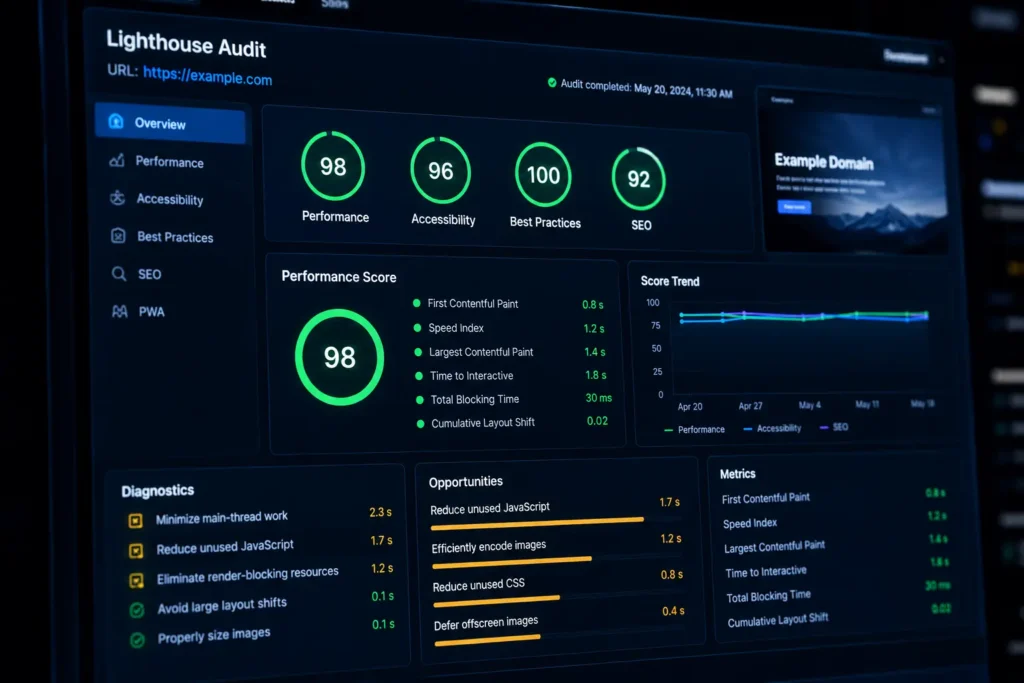 A technical audit report showing Lighthouse performance scores and code optimization metrics.