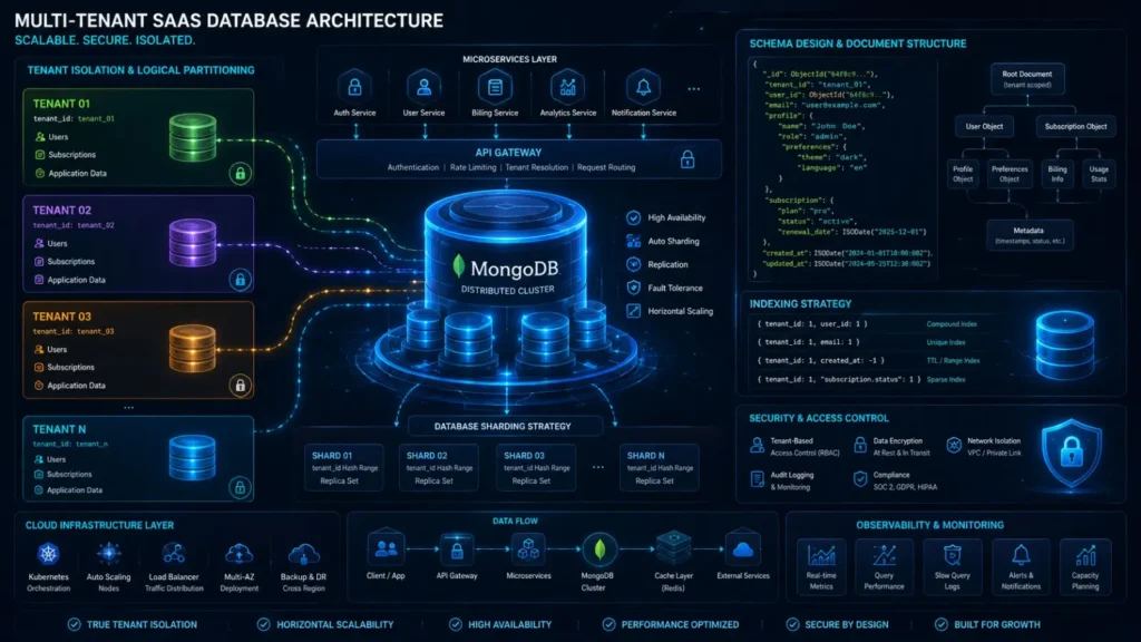 MongoDB multi-tenancy architecture diagram showing Silo, Pool, and Bridge isolation models for scalable SaaS database design.