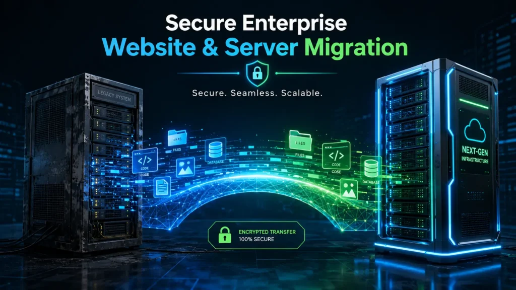 Abstract visual of digital data and website files securely transferring between two high-tech server racks.