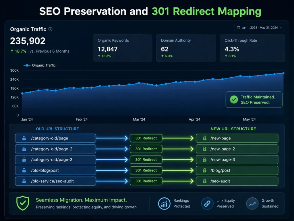 Analytics dashboard showing stable organic traffic during a website migration, highlighted by a seamless URL redirect mapping diagram.