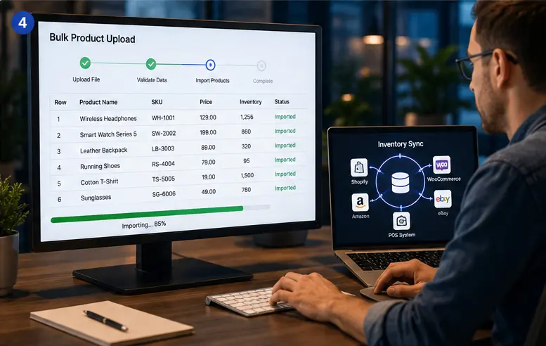  e-commerce catalog management bulk product upload process showing CSV data validation image optimization and Shopify WooCommerce API import at scale