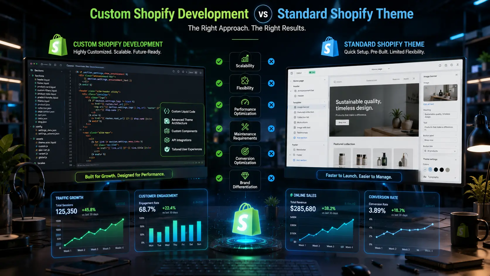 Shopify Custom Liquid development vs standard themes showing scalability, customization options, performance, and eCommerce growth capabilities.