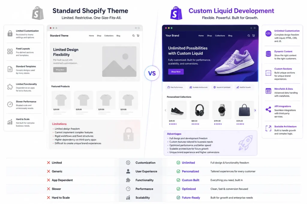 Shopify Custom Liquid build versus a standard Shopify theme showing the flexibility, performance, and scalability differences between the two approaches.