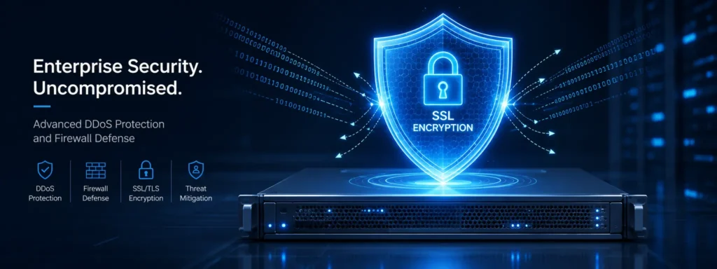  Cybersecurity shield over a server rack representing SSL encryption and DDoS protection.