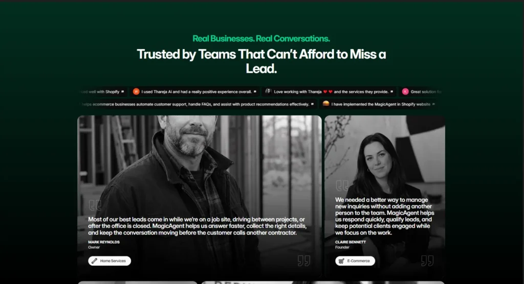 Thareja.AI customer success stories page — Trusted by Teams That Can't Afford to Miss a Lead — built by MarkupMarvel