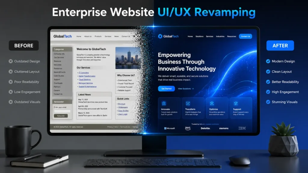 website revamping services split screen showing outdated cluttered website on the left and a modern optimized interface on the right