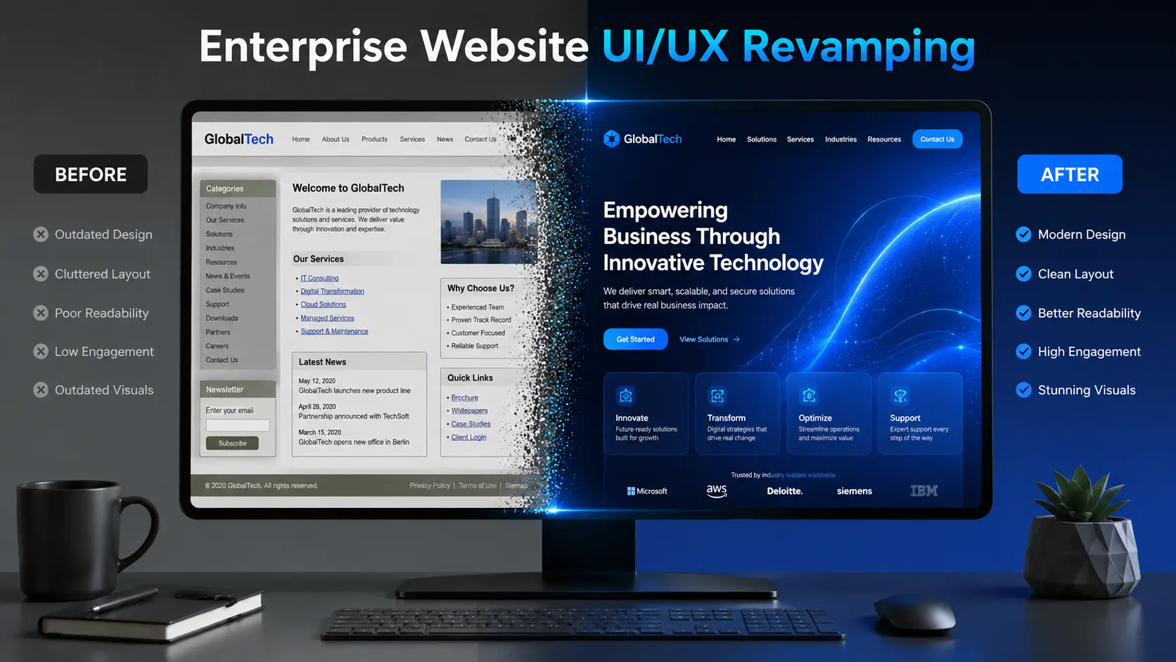 website revamping services split screen showing outdated cluttered website on the left and a modern optimized interface on the right