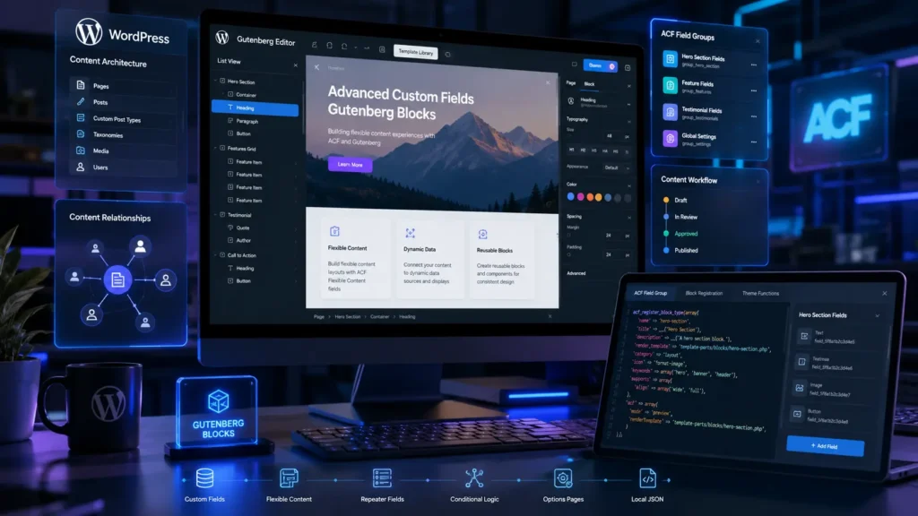 ACF and Gutenberg WordPress workflows showing Advanced Custom Fields and custom blocks creating structured scalable content management.