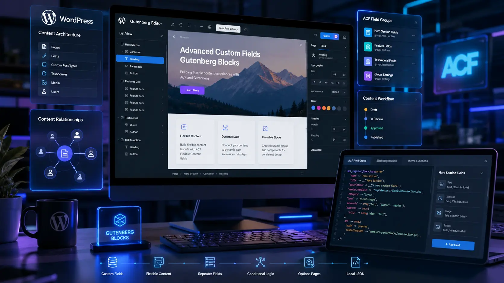 ACF and Gutenberg WordPress workflows showing Advanced Custom Fields and custom blocks creating structured scalable content management.