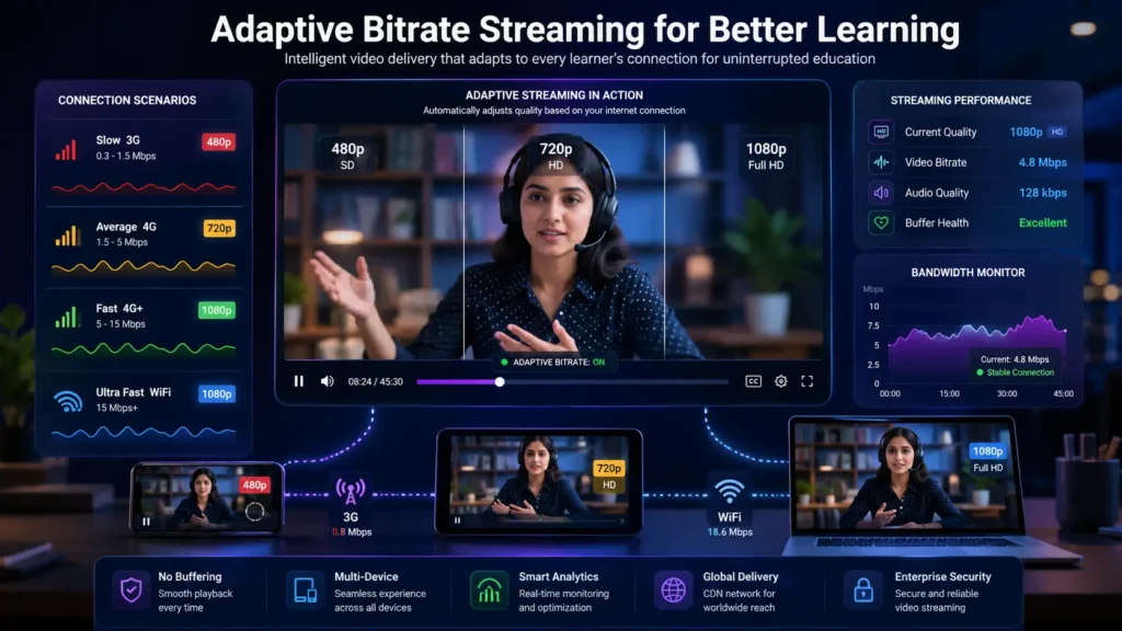 Adaptive bitrate streaming system for LMS video delivery automatically switching video quality based on student internet speed.