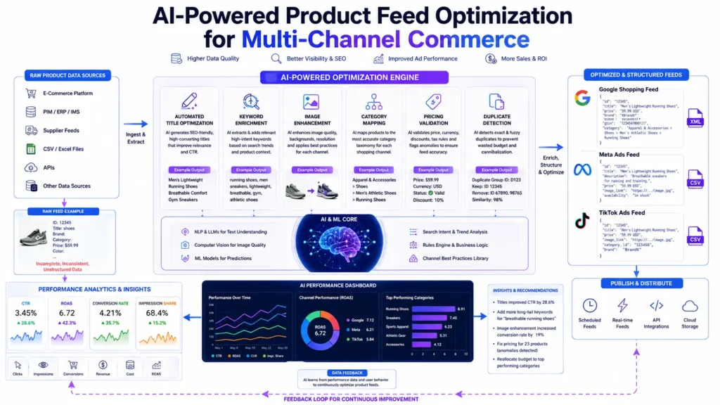 E-commerce product feed optimization AI system improving data quality, SEO, and ad performance across Google Shopping, Meta, and TikTok platforms.