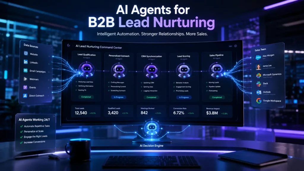AI agents for B2B lead nurturing automating personalized outreach, CRM integration, lead scoring, and sales workflow automation.