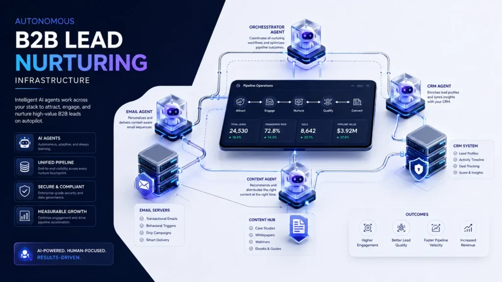 AI agents for B2B lead nurturing workflow diagram showing automated pipeline stages connected through intelligent agent nodes and CRM integration.