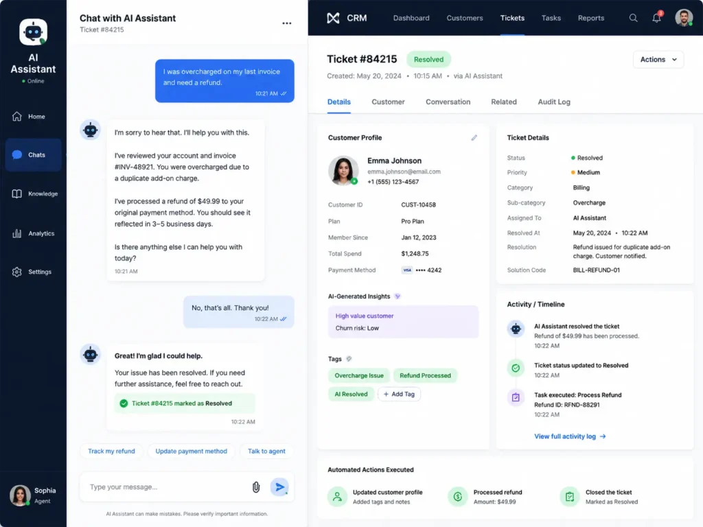 Custom AI chatbot interface connected to an enterprise CRM backend.