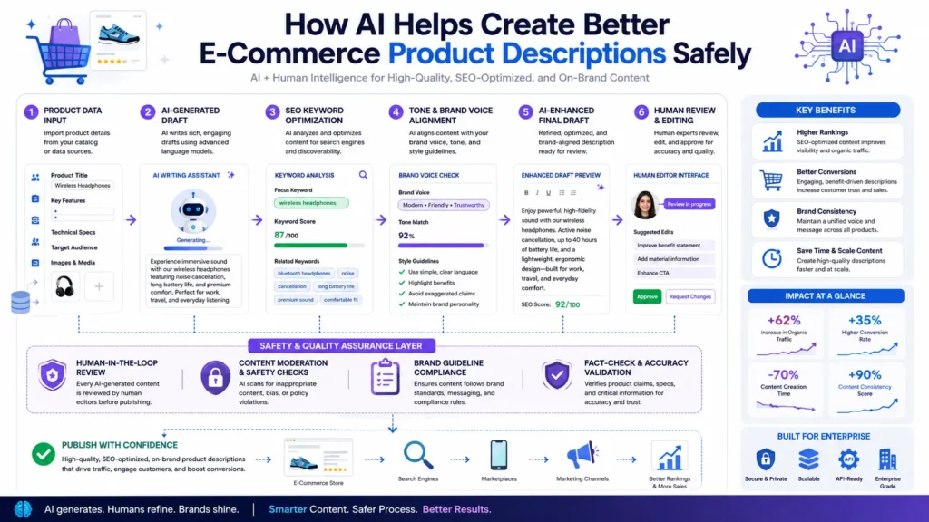  AI product description generation workflow showing SEO optimization, brand consistency, and human review process for e-commerce