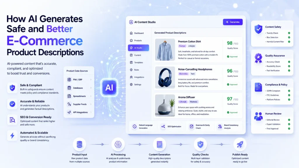 AI product description generation system generating safe, accurate product descriptions with quality checks, compliance safeguards, and structured data workflows.
