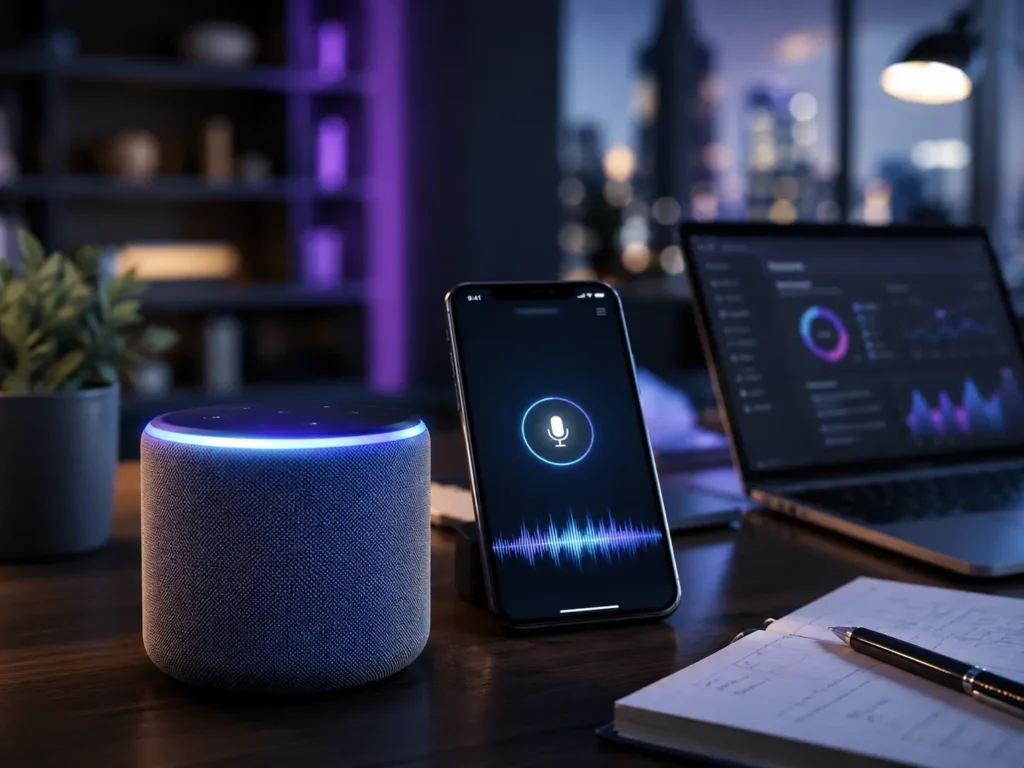 GEO and AEO services voice search optimization showing smart speaker and mobile phone with AI assistant interface.