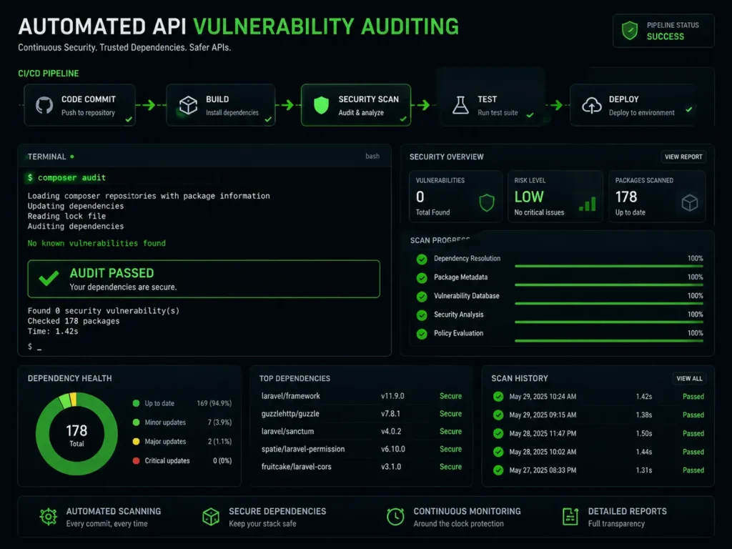 Clean tech layout showing automated CI/CD security scanning tools filtering server code packages.