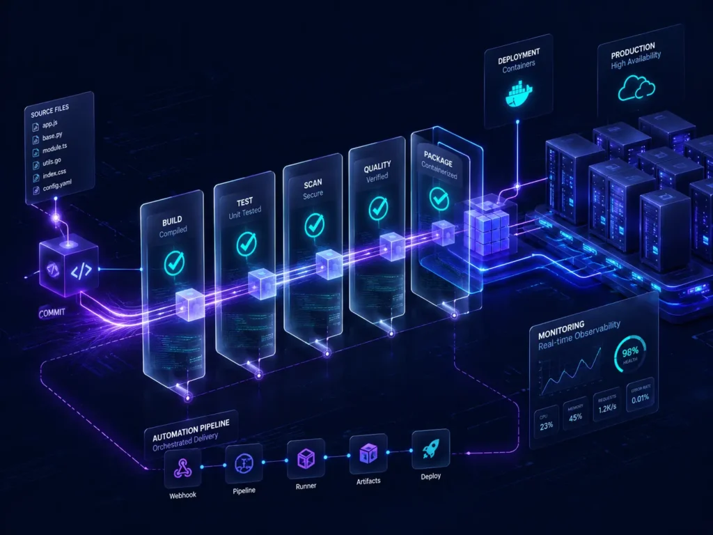 MVP to production CI/CD pipeline showing automated deployment containers, testing stages, and production-grade scaling infrastructure