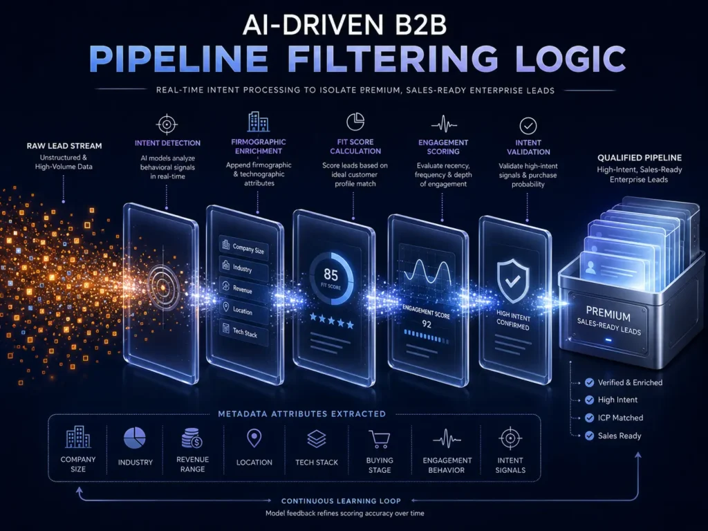 AI agents for B2B lead nurturing showing automated lead qualification funnel filtering high-intent enterprise prospects in real time.