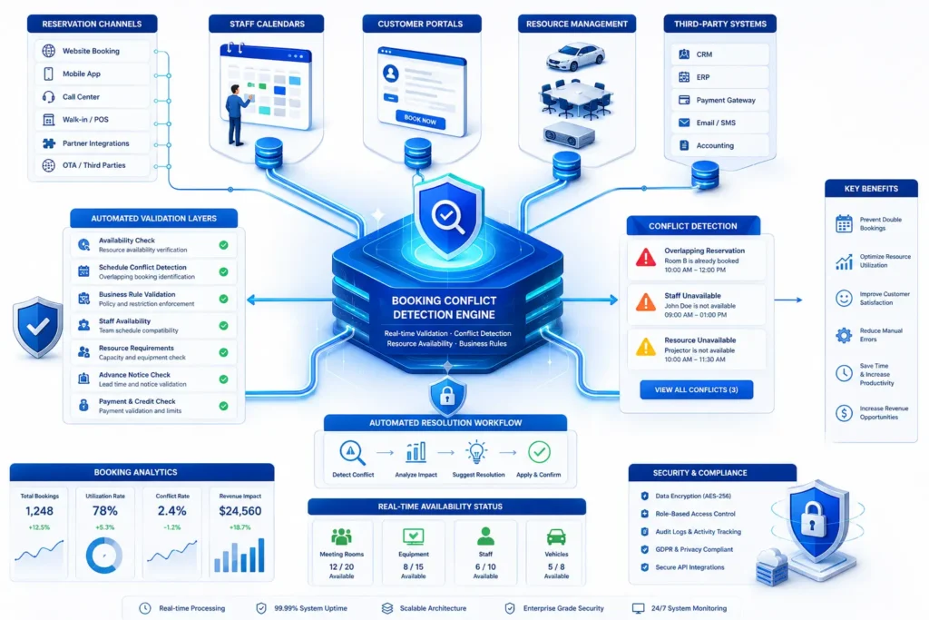 Advanced booking conflict detection engine preventing double bookings through automated scheduling intelligence and real-time availability validation.