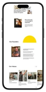 Brilliant Glass about page mobile view featuring founders and team — custom WordPress theme by MarkupMarvel