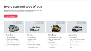 BusBank bus rental options page showing coach buses, mini buses, school buses, and sprinter vans — built by MarkupMarvel