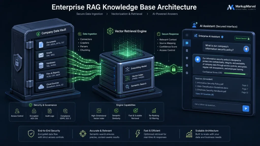 RAG system development diagram tracing data flow from a corporate knowledge vault through a vector retrieval engine into a secured AI assistant interface.