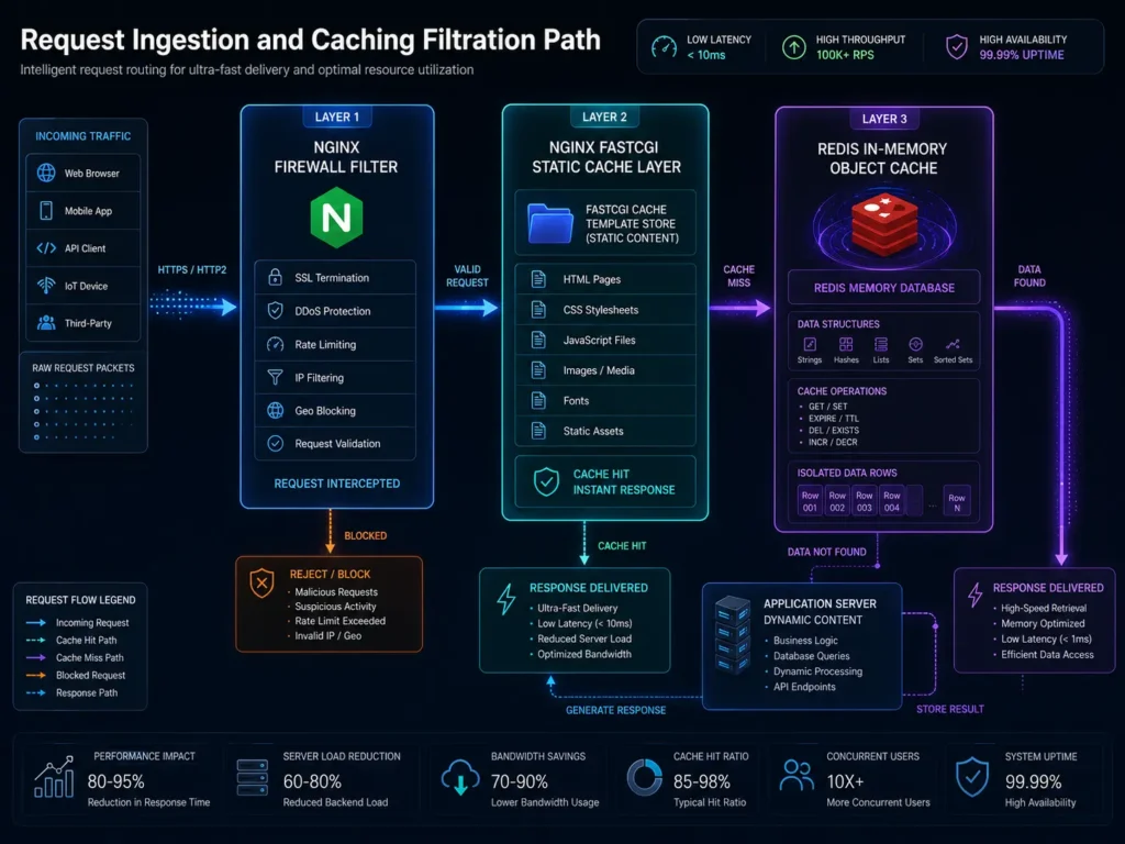 Nginx Redis caching optimization request flow showing traffic checking static cache before querying Redis memory layer